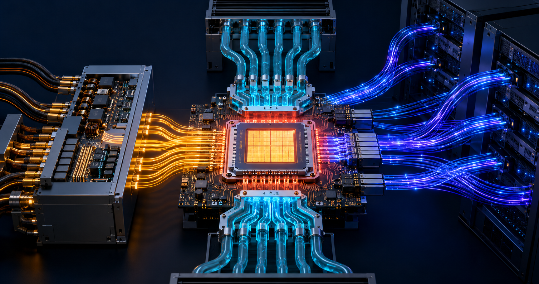 Illustration of an AI accelerator surrounded by power delivery, optical interconnect, and thermal-management systems