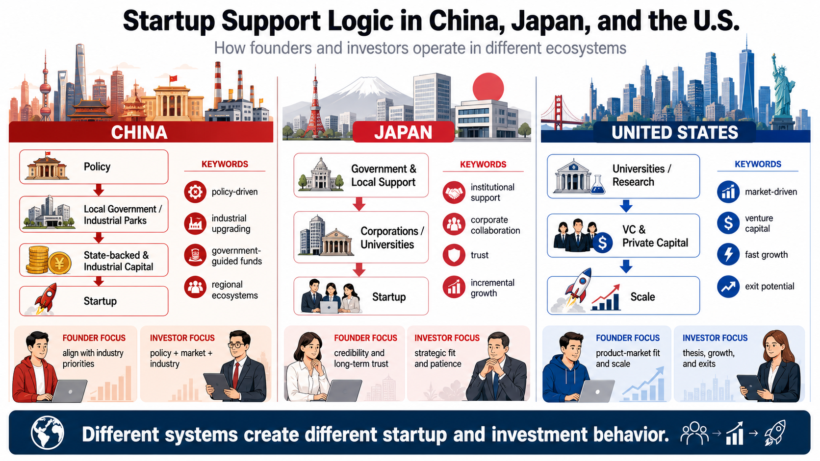 Infographic comparing startup support logic, founder focus, and investor focus in China, Japan, and the United States