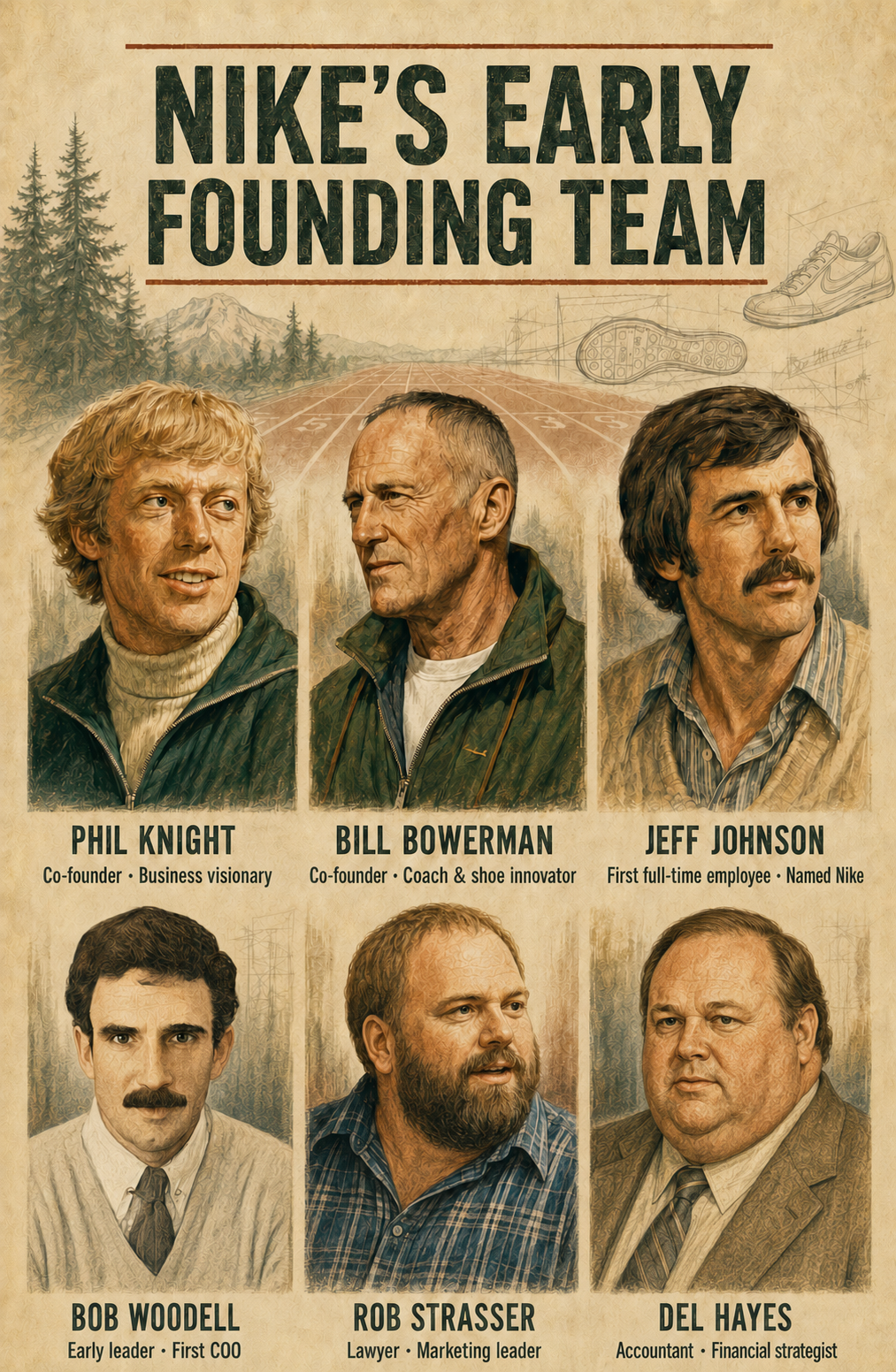 Editorial illustration of Nike's early founding team: Phil Knight, Bill Bowerman, Jeff Johnson, Bob Woodell, Rob Strasser, and Del Hayes